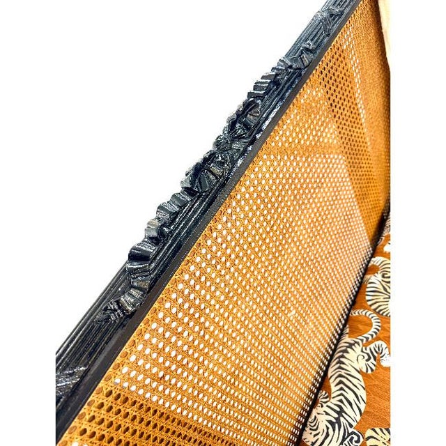 Vintage Black High-Gloss Lacquer Double-Caned Daybed With Custom Tiger Upholstery For Sale - Image 16 of 16