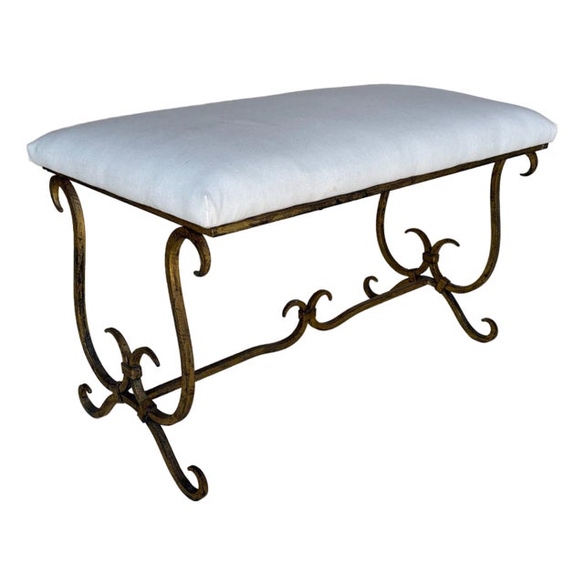 Vintage Mid Century Spanish Gilt Iron Bench With Ornate Base For Sale