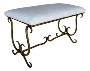 Vintage Mid Century Spanish Gilt Iron Bench With Ornate Base