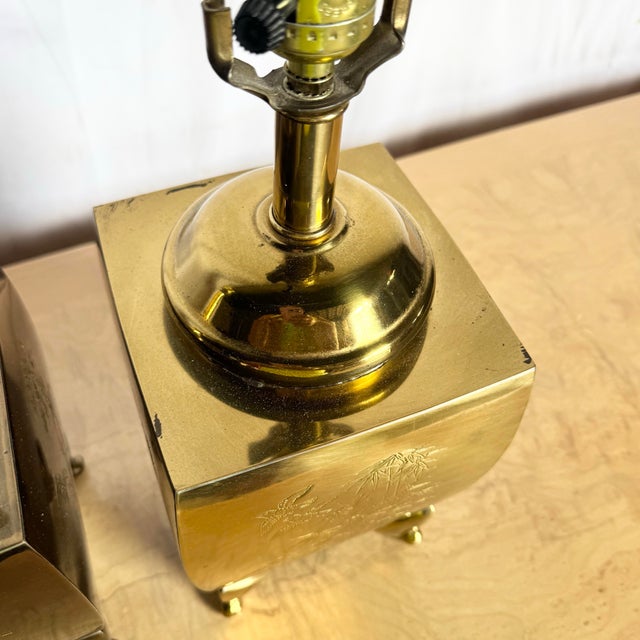 Vintage Chinoiserie Brass Engraved Tiger Table Lamps - A Pair For Sale - Image 11 of 11
