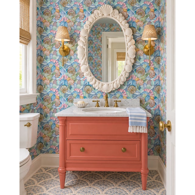 Coastal Shell of a Good Time Grasscloth Wallpaper by House Party | Ocean Blue | 8 Yards For Sale - Image 3 of 13