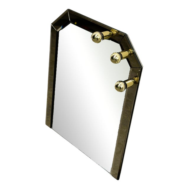 Vintage German Brass & Smoked Mirror with Architectural Faceted Top, 1980s For Sale