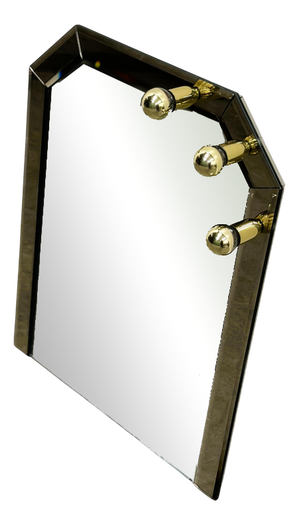 Vintage German Brass & Smoked Mirror with Architectural Faceted Top, 1980s