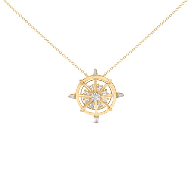 Let your path shimmer with purpose in this luminous compass rose, sculpted in polished 14K yellow gold–plated .925...