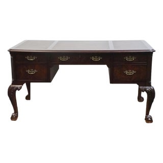 Hekman Furniture Solid Mahogany Traditional Chippendale Style 58" Writing Desk W. Tooled Leather Top For Sale