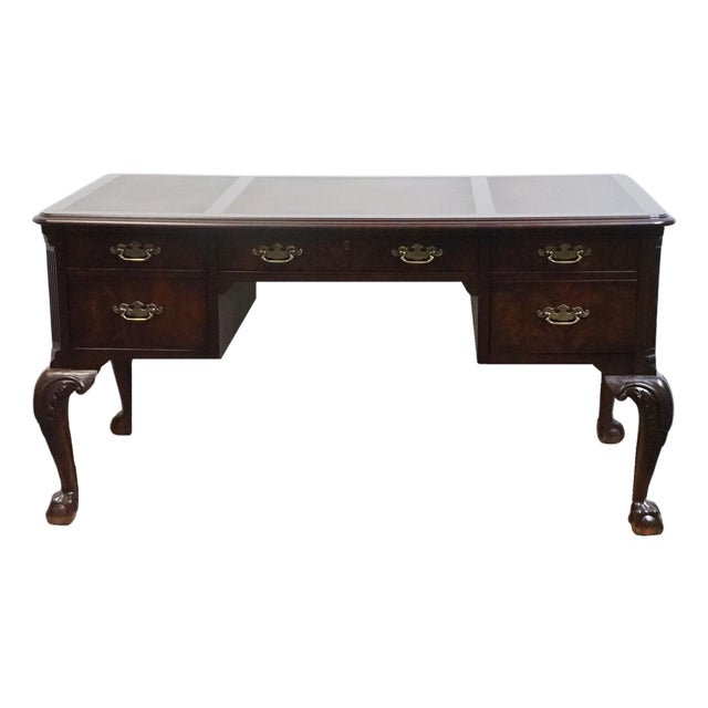 Hekman Furniture Solid Mahogany Traditional Chippendale Style 58" Writing Desk W. Tooled Leather Top For Sale