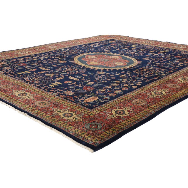 79007 Vintage Indian Sarouk Rug, 07'11 x 09'08. This hand-knotted wool vintage Indian Sarouk rug is a stunning example of...