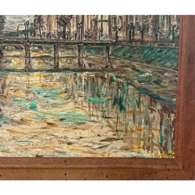 Wood Mid Century Oil on Canvas Cityscape and River Painting - Signed and Dated For Sale - Image 7 of 10