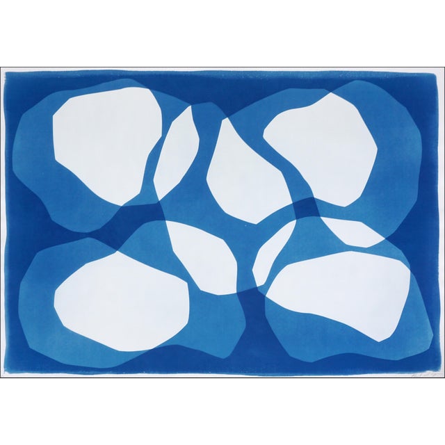 2025, Deep Quarry, Horizontal Artwork, Unique Monotype Cyanotype in Blue and White, Abstract Geometric Shapes on Paper by Kind of Cyan For Sale