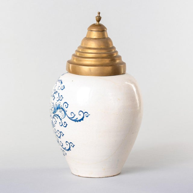 Baroque Dutch Delftware Blue & White Tobacco Jar With Brass Lid, Circa 1800 For Sale - Image 3 of 10