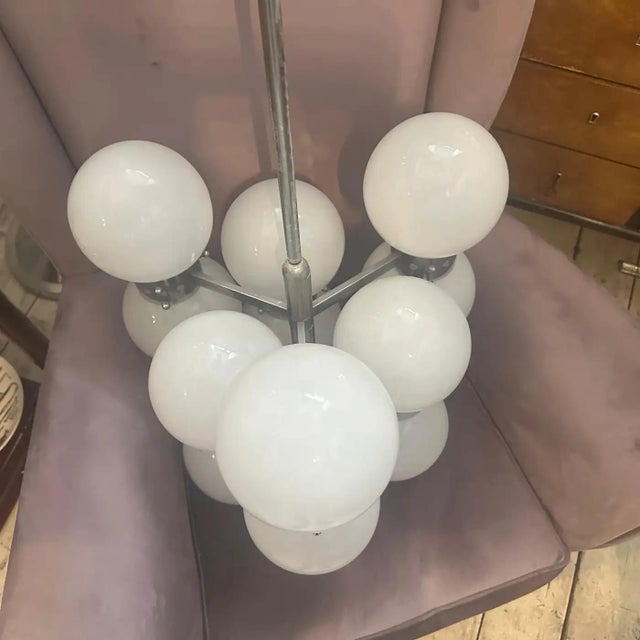 1970s 1960s Space Age Steel and Opaline Glass 10 Lights Italian Chandelier For Sale - Image 5 of 17
