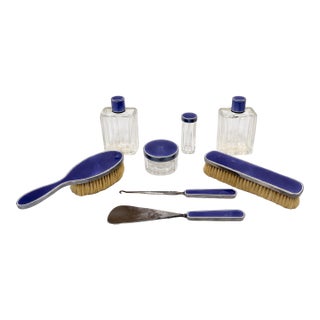 French Workshop, French Sterling Guilloché Enamel 8 Pc Vanity Set, Circa 1920 For Sale