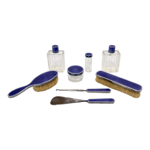French Workshop, French Sterling Guilloché Enamel 8 Pc Vanity Set, Circa 1920