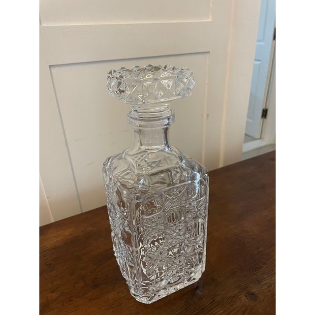 Antique Edwardian quality cut glass decanter having a square shaped cut glass decanter with the original square stopper...