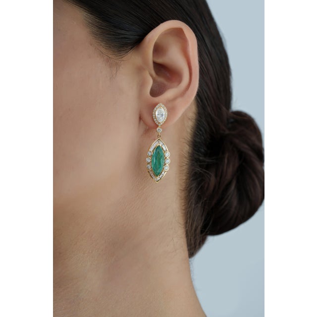 14k Yellow Gold 6.9ct Emerald & 3.24ct Diamond Art Deco Earrings- 2 Pieces For Sale - Image 4 of 14