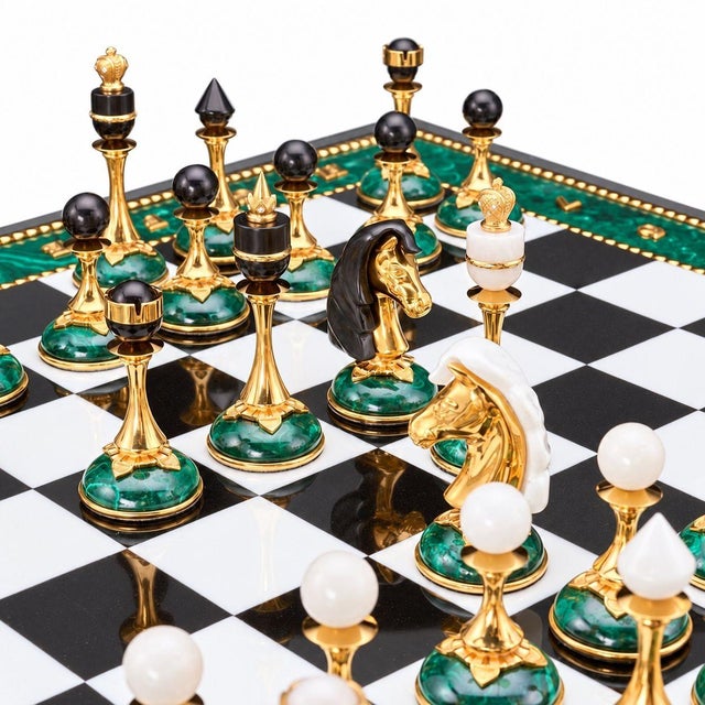 Metal 20th Century Russian Dolerite, Malachite & Kascholong Opal Chess Set. For Sale - Image 7 of 11