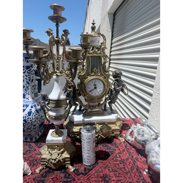 Vintage Imperial Italian-Style Gilt Metal, Marble & Cherub Clock Garniture Set For Sale - Image 9 of 10