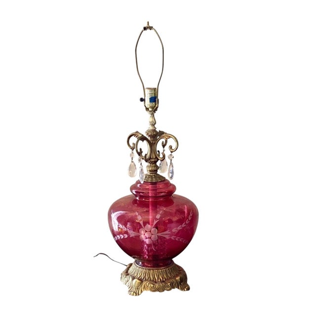 Glass 1970s Hollywood Regency Cut Ruby Glass & Crystal Prism Globe Table Lamp Light Up Base For Sale - Image 7 of 12