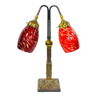 Vintage Red Murano Style Glass Double Arm Table Lamp For Sale