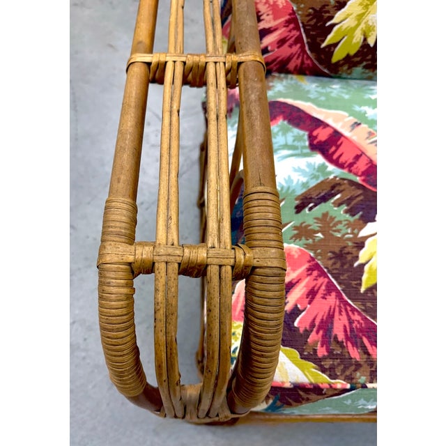 Pair, Mid-Century Modern Attributed to Paul Frankl Rattan Barkcloth Lounge Chairs For Sale - Image 16 of 18