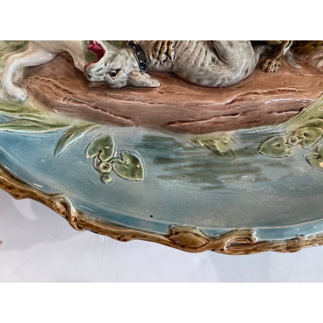 Turquoise Rare 19th Century French Sarreguemines Majolica "The Hunt of the Wolves" Barbotine Platter, Rare Turquoise Color. For Sale - Image 8 of 17