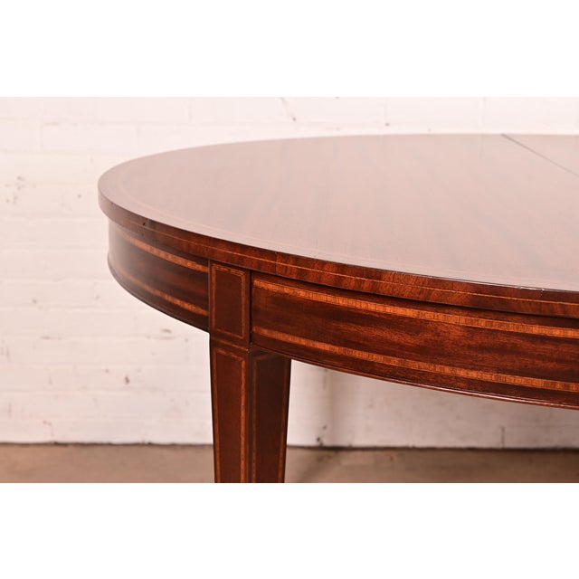 Wood Baker Furniture Style Federal Inlaid Mahogany Extension Dining Table With Six Leaves, Newly Refinished For Sale - Image 7 of 16