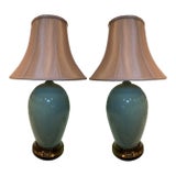 Vintage Crackle Celadon Porcelain Lamps With Brass Base & Silk Shades – A Pair For Sale