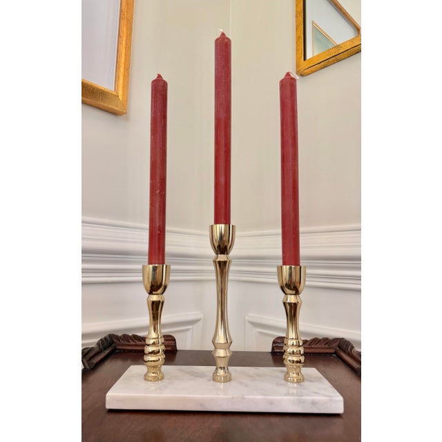 Brass Hollywood Regency Brass Three-Candle Candelabra on White Marble Base For Sale - Image 8 of 11