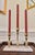 Brass Hollywood Regency Brass Three-Candle Candelabra on White Marble Base For Sale - Image 8 of 11