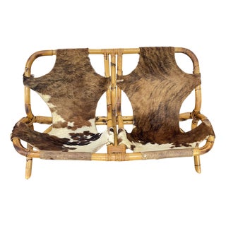 Rattan and Cowhide Bench in the style of Tito Agnoli, 1970s For Sale