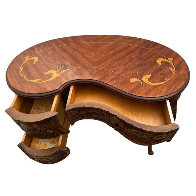 Gorgeous Vintage French Desk Kidney Shaped Vanity Three Carved Drawers, Inlays, Rare Petite Size 38" Wide X 20" Deep X 30"...