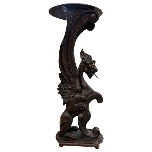 Gothic Mid 19th Century Italian Gothic/Rennaisance Revival Griffin Plant Stand Pedestal in Ebonized Oak For Sale - Image 3 of 12