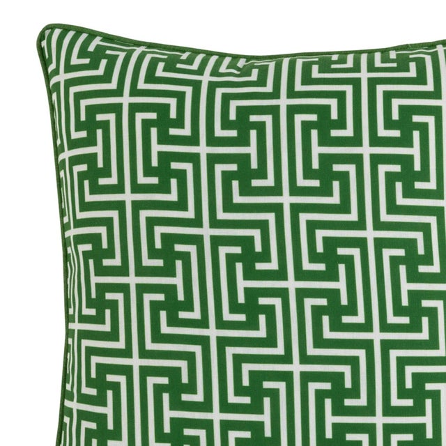 100% weatherproof fabric outdoor Greek key patterned vibrant emerald green and white pillow. Piping around edges and...