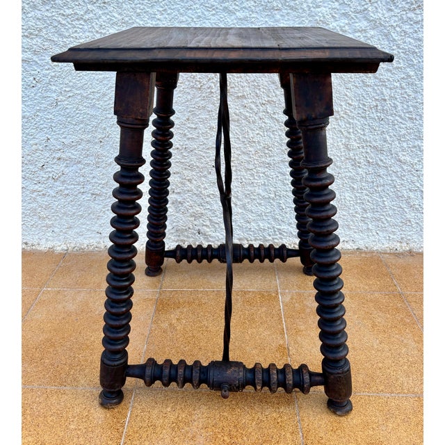 1920s Spanish Baroque Revival Oak Side Table with Barley Twist Legs and Iron Stretcher For Sale - Image 6 of 10