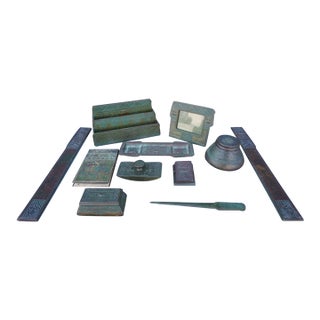 Tiffany Studios Bronze Native American Motif Desk Set, Complete 10 Pieces 1902-1919 For Sale