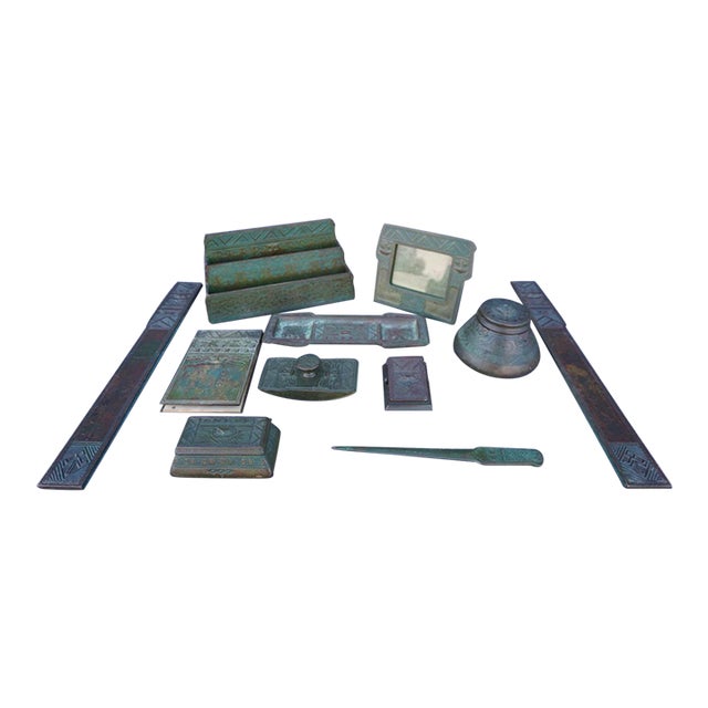 Tiffany Studios Bronze Native American Motif Desk Set, Complete 10 Pieces 1902-1919 For Sale