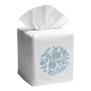 Blue Flower Wheel Tissue Box Cover in White Linen & Cotton, Embroidered