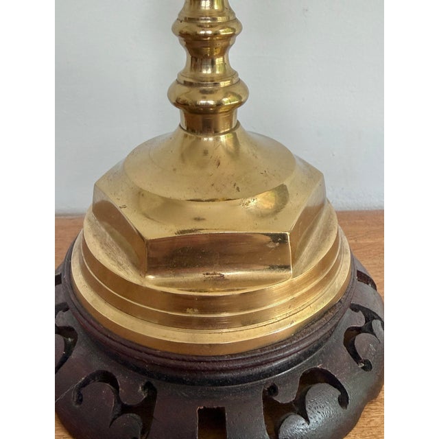 1970s Brass Candlestick Lamp With Carved Wood Base For Sale - Image 6 of 9
