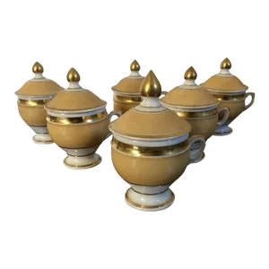 Antique 19th Century French Empire Porcelain Pot de Creme Cups with Peach Glaze & Rich Gilding - Set of 6