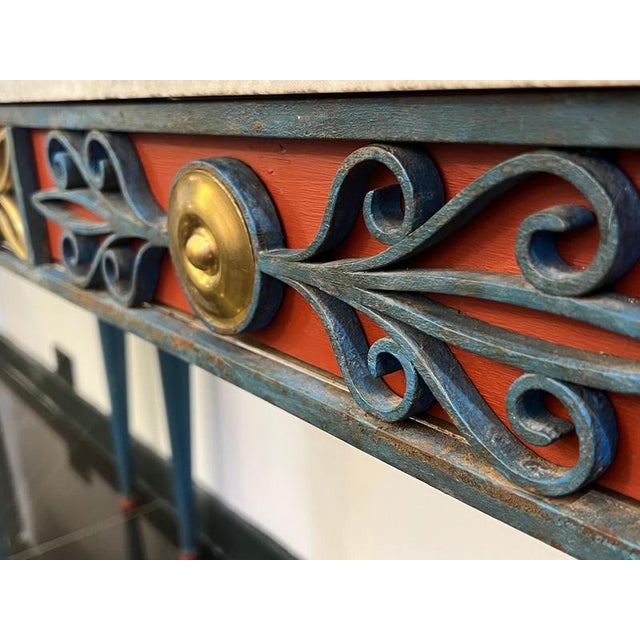 1900 - 1909 Italian Painted Wrought Iron Console Tables with Marble Tops, 1900s, Set of 2 For Sale - Image 5 of 12
