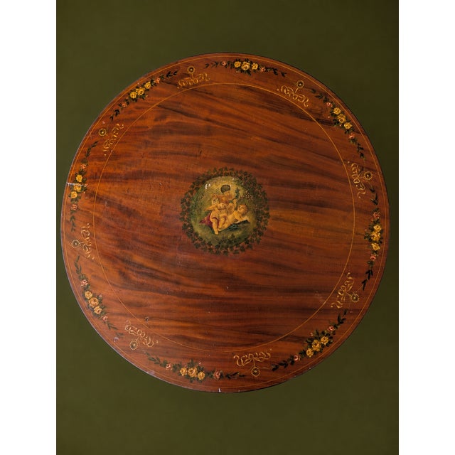 1900 - 1909 Antique Edwardian Sheraton Revival Hand-Painted Mahogany Cherub Occasional Table For Sale - Image 5 of 13