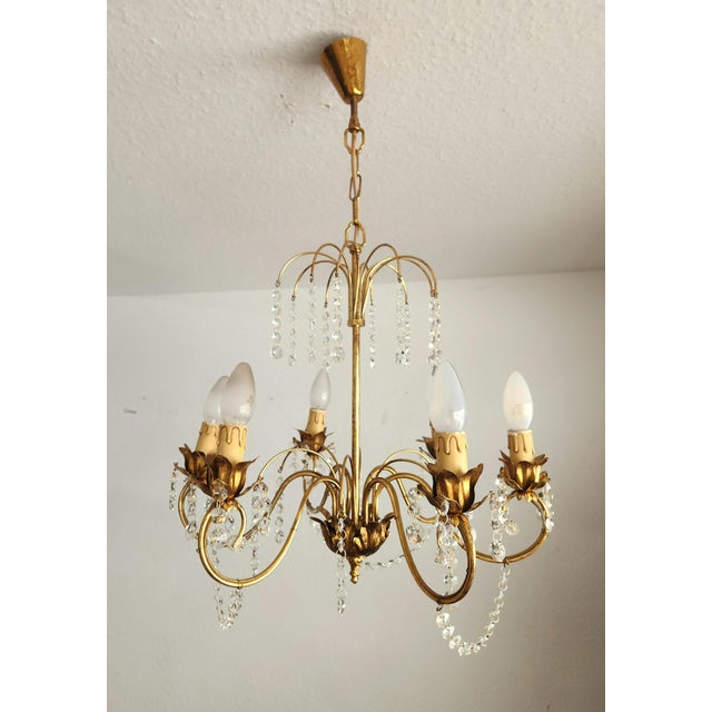 Vintage Hollywood-Regency Gold-Plated Cascade 6-Light Waterfall Chandelier with Crystal Pendants, 1960s For Sale - Image 10 of 18
