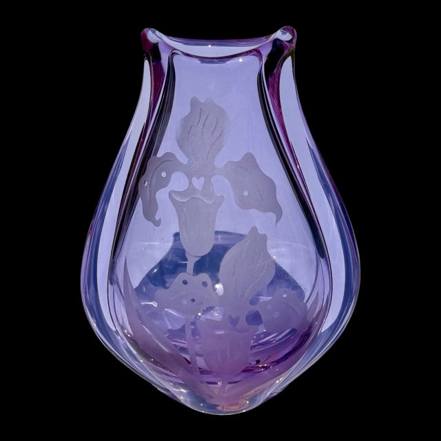 Glass Vintage Czech Neodymium Glass Vase, Etched Floral Iris Design, Color-Changing Alexandrite Glass, Signed For Sale - Image 7 of 8