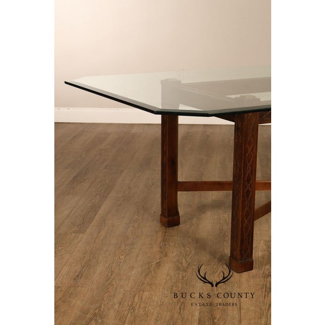 Chinese Chippendale Style Glass Top Mahogany Dining Table For Sale - Image 17 of 18