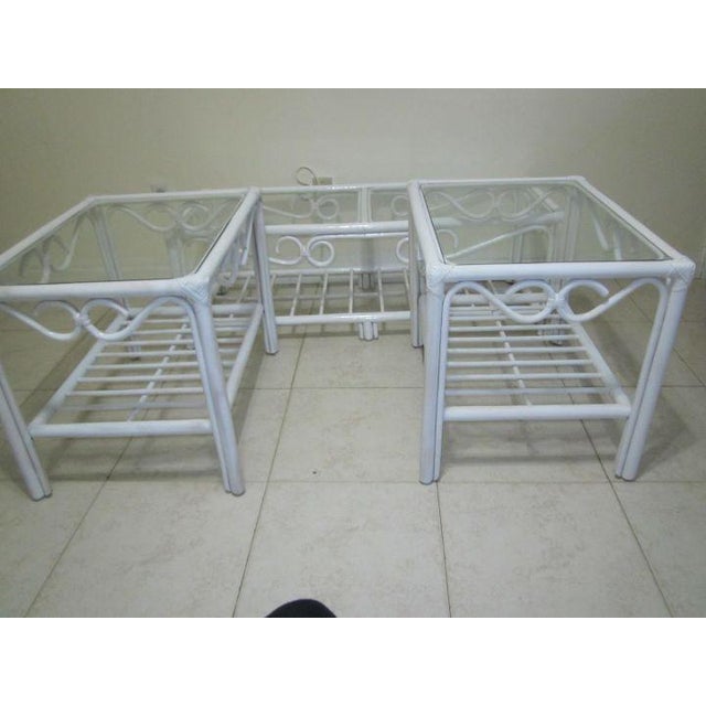 1980s Bamboo Rattan Coffee Table and Two End Table Glass Top White Set 3 For Sale - Image 11 of 12