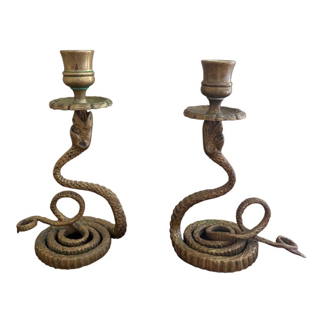 Antique French Brass Serpent Snake Candle Holders, Pair For Sale