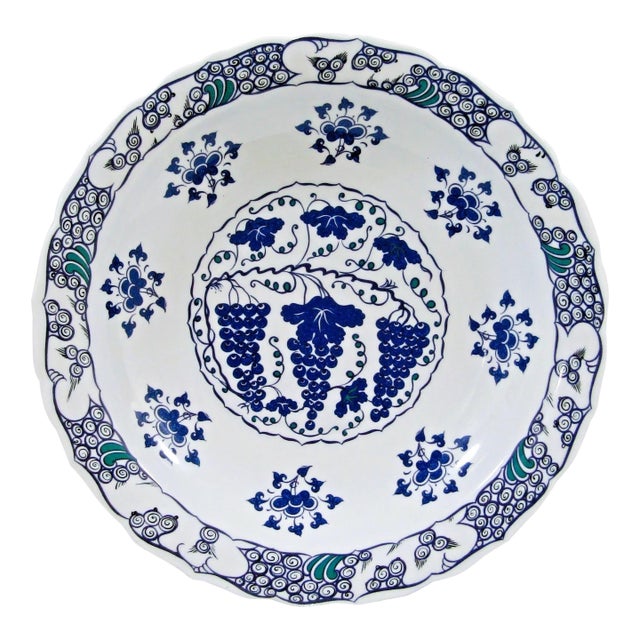 Mma Iznik Turkey Large Decorative Bowl With Grapes Design Blue, Green and White For Sale