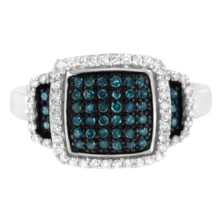 Black Rhodium Plated .925 Sterling Silver 1/2 Cttw White & Blue Diamond Square Halo Cocktail Ring (Fancy Blue & H-I Color, I2-I3 Clarity) - SIze 7 For Sale