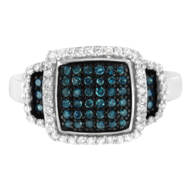 Black Rhodium Plated .925 Sterling Silver 1/2 Cttw White & Blue Diamond Square Halo Cocktail Ring (Fancy Blue & H-I Color, I2-I3 Clarity) - SIze 7 For Sale