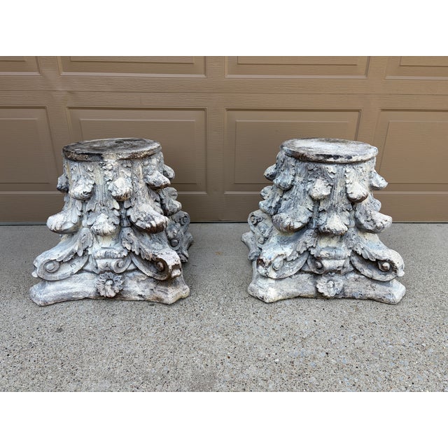Late 20th Century Pair of Weathered Cast Concrete Corinthian Capital Garden Stands For Sale - Image 13 of 14